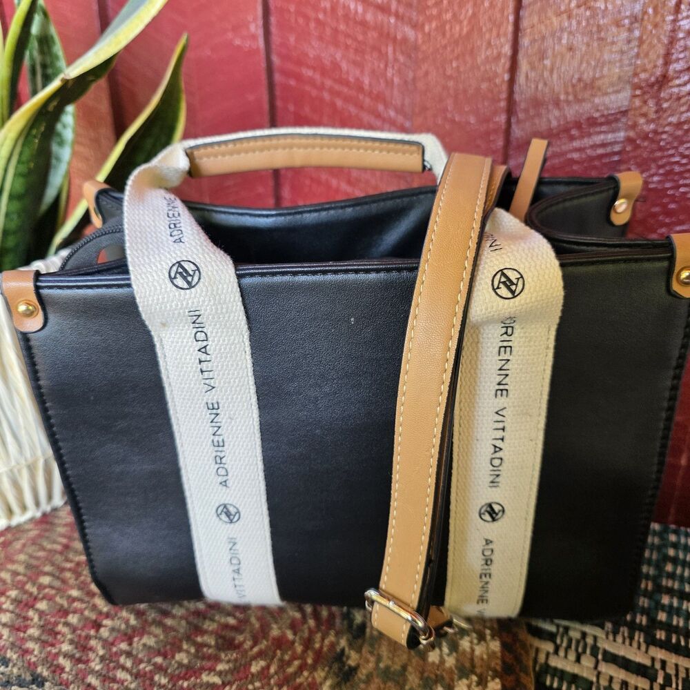 Adrienne Vittadini Black Tote Canvas Logo Straps w AV Charm Top Zip Closure EUC